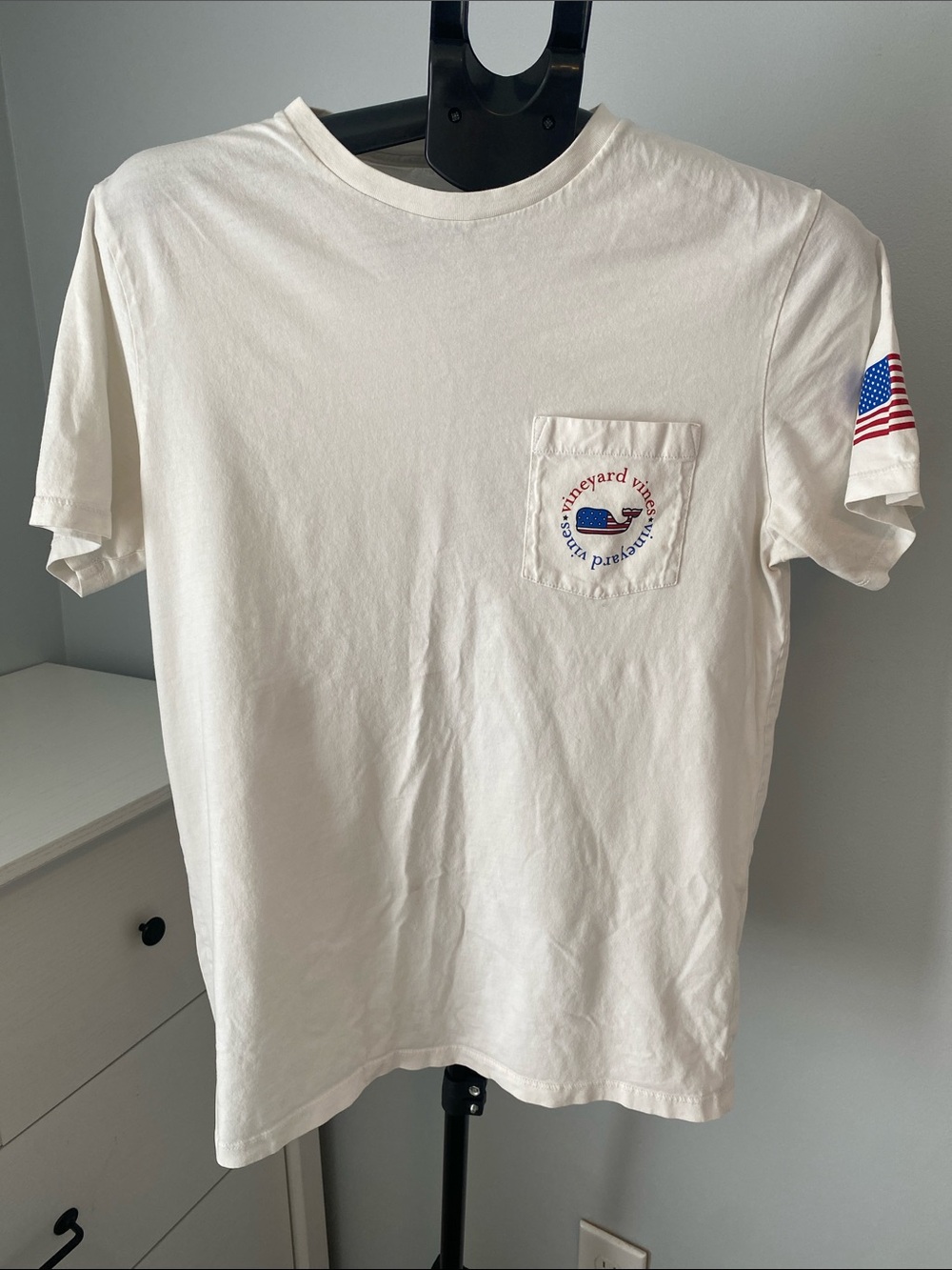 Vineyard Vines White Pocket Tee with American Flag Sleeve